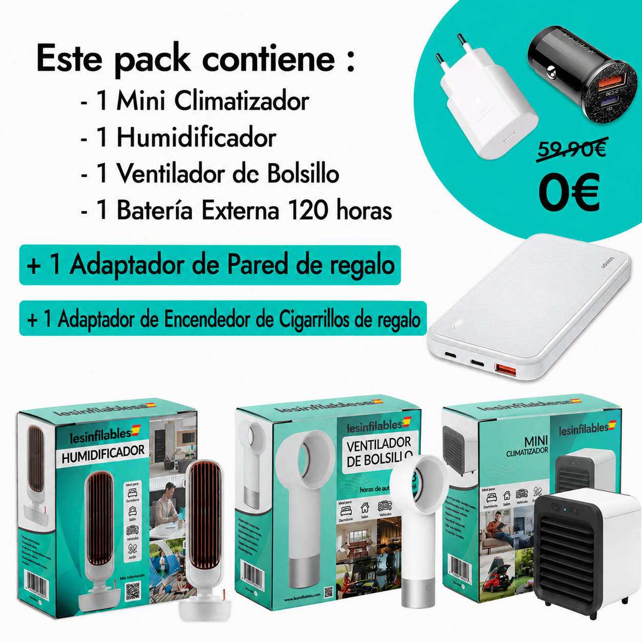 Pack Mini Aire Acondicionado + Nebulizador + Ventilador de Bolsillo + Batería Externa 120h (+ 2 REGALOS)