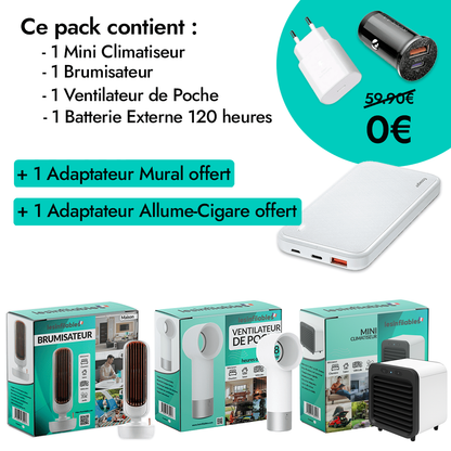 Pack Mini Climatiseur + Brumisateur + Ventilateur de Poche + Batterie Externe 120h (+ 2 CADEAUX)
